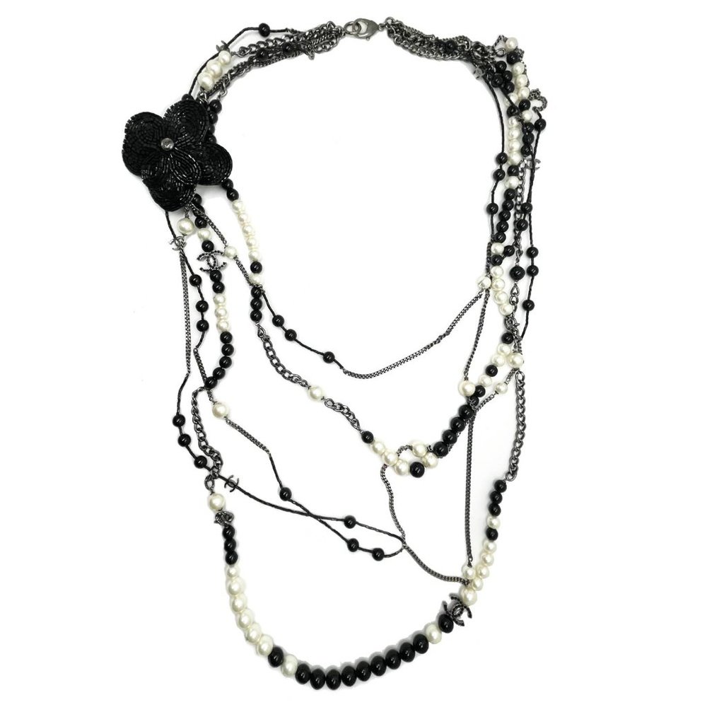 Chanel Black CC Beaded Flower Pin Black Bead Pearl 5 Strand Necklace